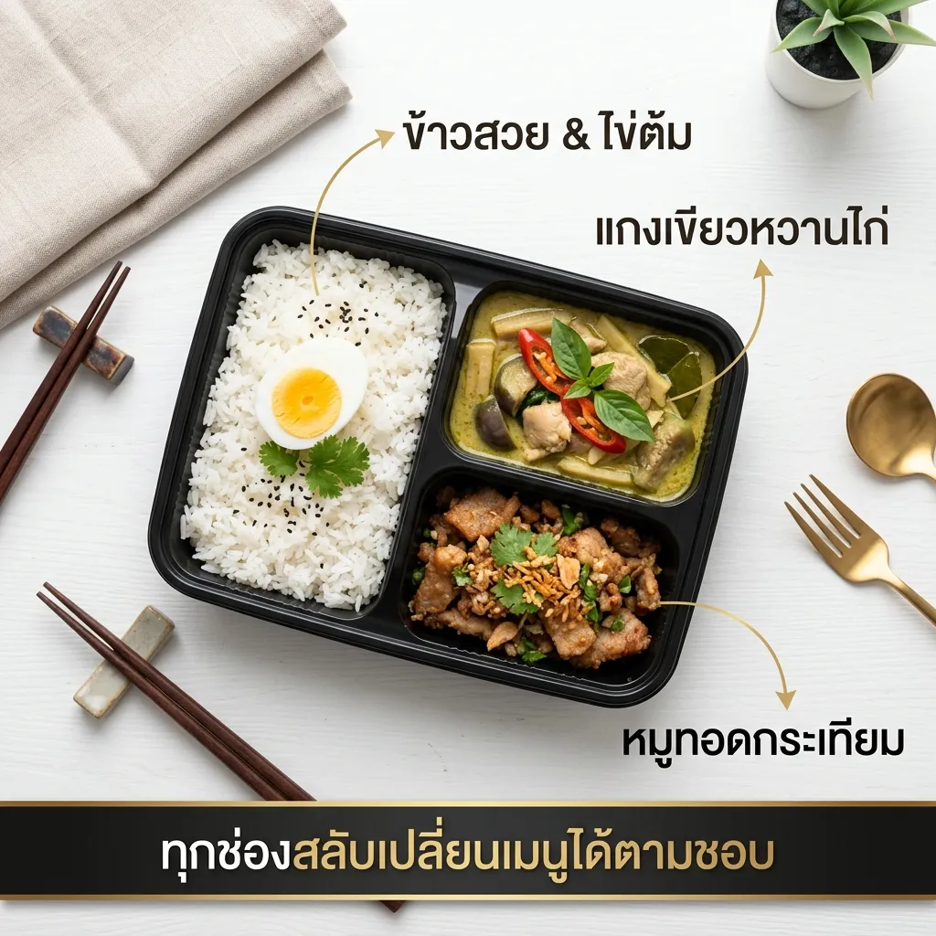 ข้าวกล่องหลากหลายเมนูคละได้เสรี จัดเรียงแบบ Flatlay ของจริง